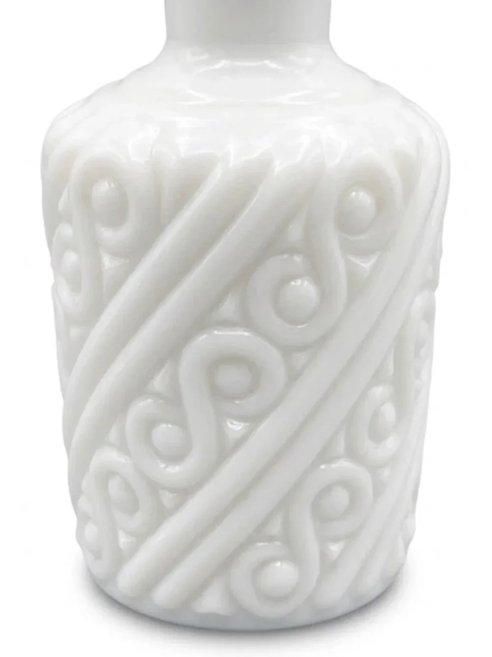 Vintage White Milk Glass Decanter Bottle Stopper Raised Scroll Design 7.25